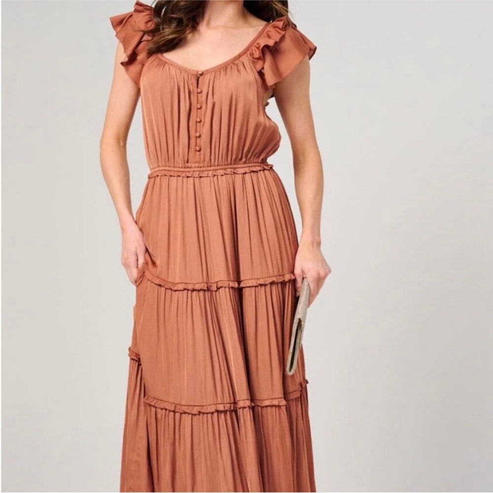 Elegant Ruffled Sleeveless Maxi Dress in Terracotta
